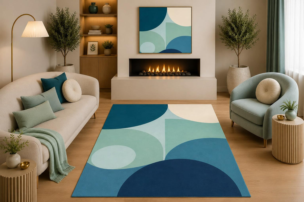 ICE ARMOR 5' x 7' Mid Century Modern Area Rug Teal Aqua Navy Cream Abstract Geometric Curved Design for Living Room Bedroom Dining Room Non-Slip Silicone Backing Low Pile
