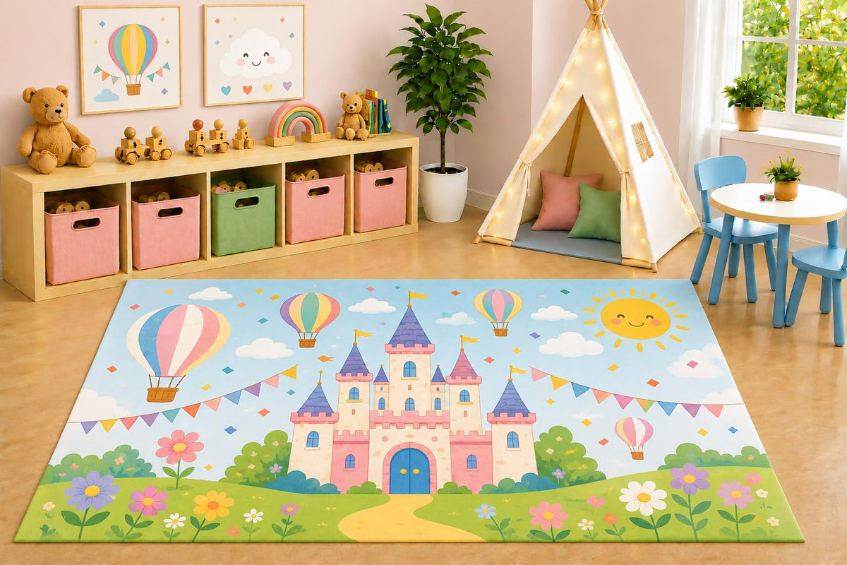 ICE ARMOR 5' x 7' Princess Castle Hot Air Balloons Area Rug, Pastel Fairytale Garden Kids Playroom Nursery Bedroom Decorative Rug, Non-Slip Silicone Backing Low Pile