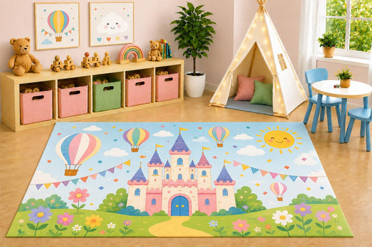 ICE ARMOR 5' x 7' Princess Castle Hot Air Balloons Area Rug, Pastel Fairytale Garden Kids Playroom Nursery Bedroom Decorative Rug, Non-Slip Silicone Backing Low Pile
