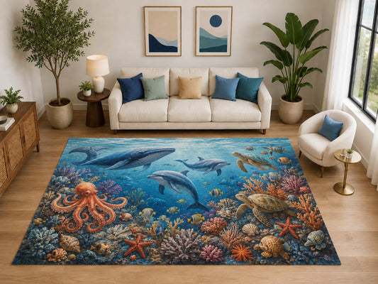 ICE ARMOR "Ultra Light Weight Large 6'7" x 9'10" Ocean Animal Reef Rug Living Room, Soft Low Pile Indoor Rug and Non-Slip Silicone Backing, Blue