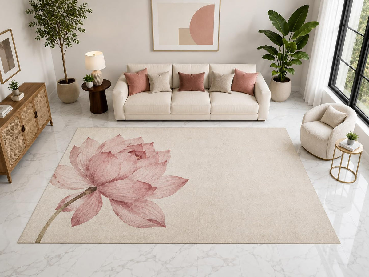 ICE ARMOR "Ultra Light Weight Large 6'7" x 9'10" Pink Lotus Flower Rug, Soft Low Pile Indoor Rug, Non-Slip Silicone Backing for Living Room Pink