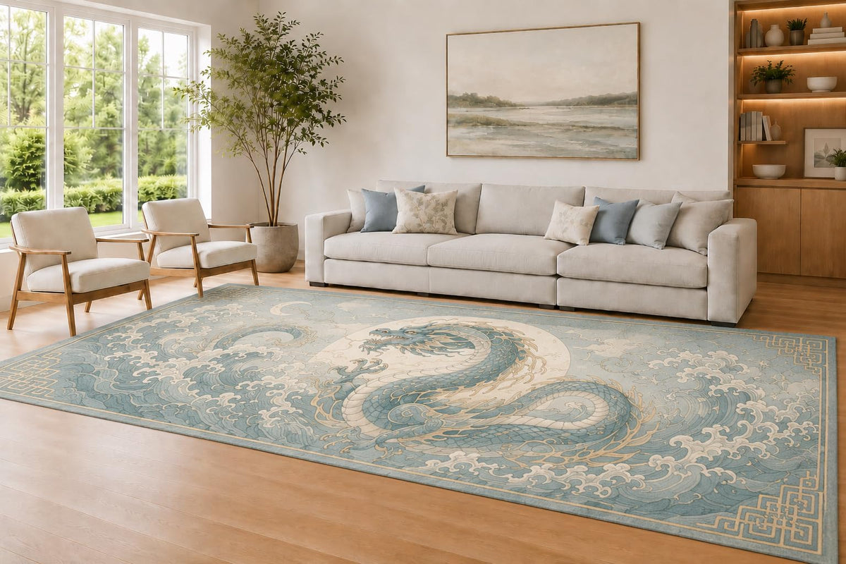 ICE ARMOR Large 6'7" x 9'10" Blue and Ivory Dragon Waves Accent Area Rug for Living Room, Soft Low Pile Carpet with Non-Slip Silicone Backing, Decor for Bedroom and Home Office