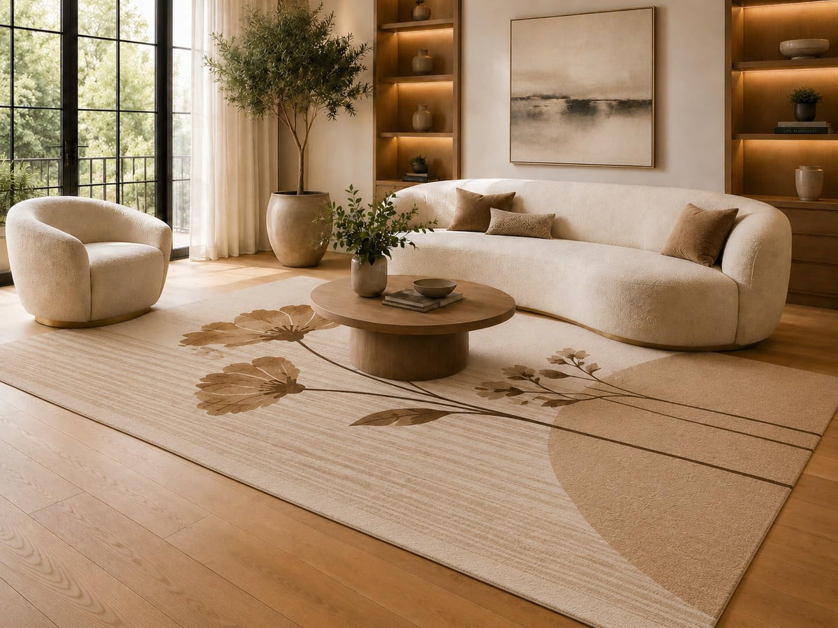 ICE ARMOR 6'7" x 9'10" Brown and Cream Floral Silhouette Stripes Area Rug for Living Room, Soft Low Pile Carpet with Non-Slip Silicone Backing, Floor Decor for Bedroom, Dining Area and Home Office