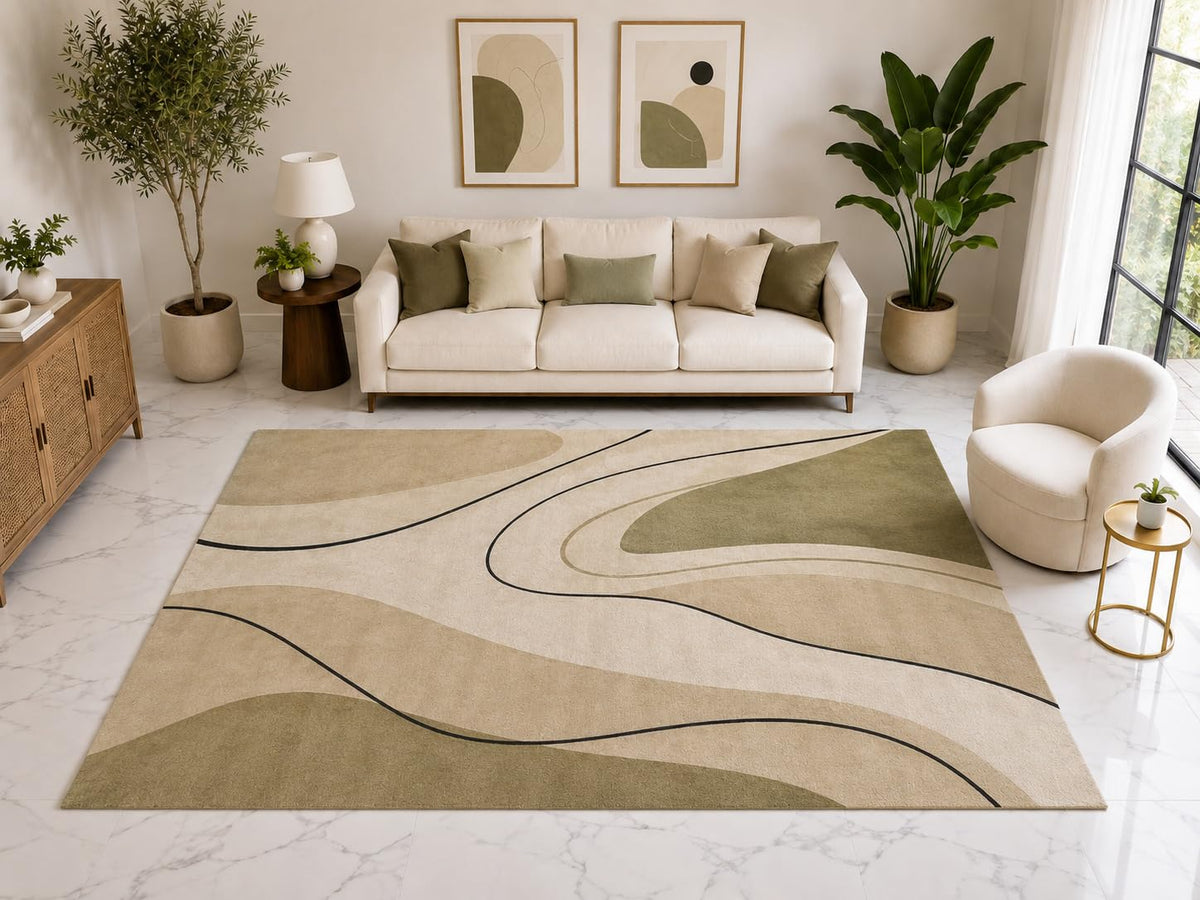 ICE ARMOR Large 6'7" x 9'10" Minimalist Flowing Line Area Rug, Soft Low Pile Indoor Rug with Non-Slip Silicone Backing for Living Room Bedroom, Beige