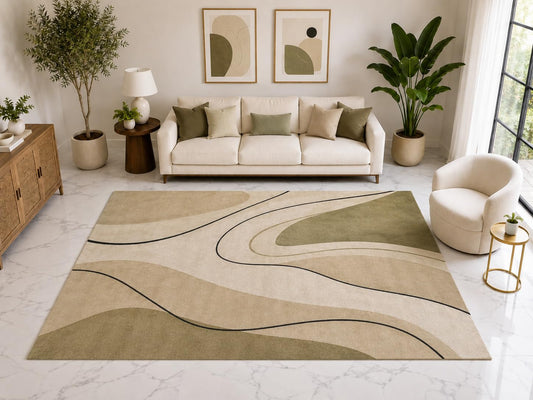 ICE ARMOR Large 6'7" x 9'10" Minimalist Flowing Line Area Rug, Soft Low Pile Indoor Rug with Non-Slip Silicone Backing for Living Room Bedroom, Beige