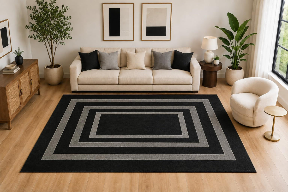 ICE ARMOR Large 6'7" x 9'10" Concentric Rectangle Area Rug for for Bedroom, Living Room, Soft Low Pile Indoor Rug with Non-Slip Silicone Backing, Black Gray