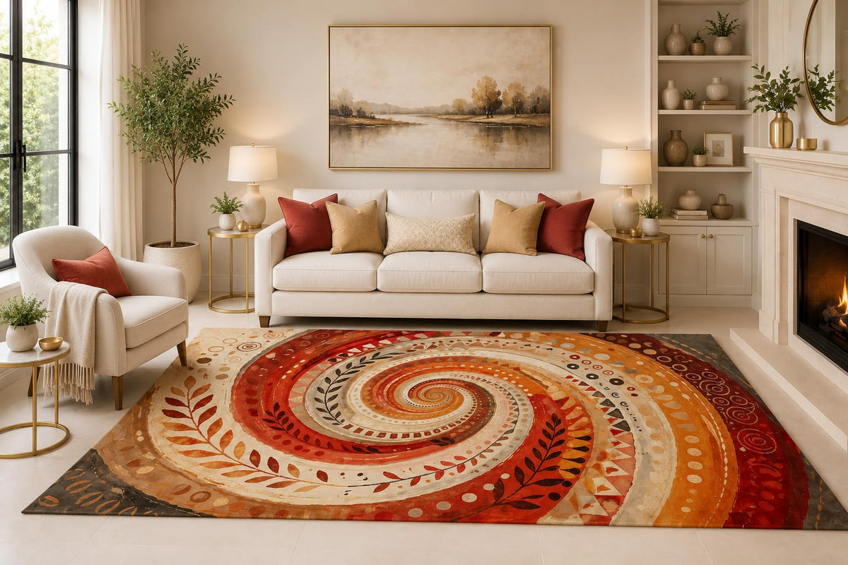 ICE ARMOR 6'7" x 9'10" Warm Boho Spiral Area Rug for Living Room, Soft Low Pile Carpet with Non-Slip Silicone Backing, for Bedroom, Dining Area and Office, Orange, Suited to Modern interiors