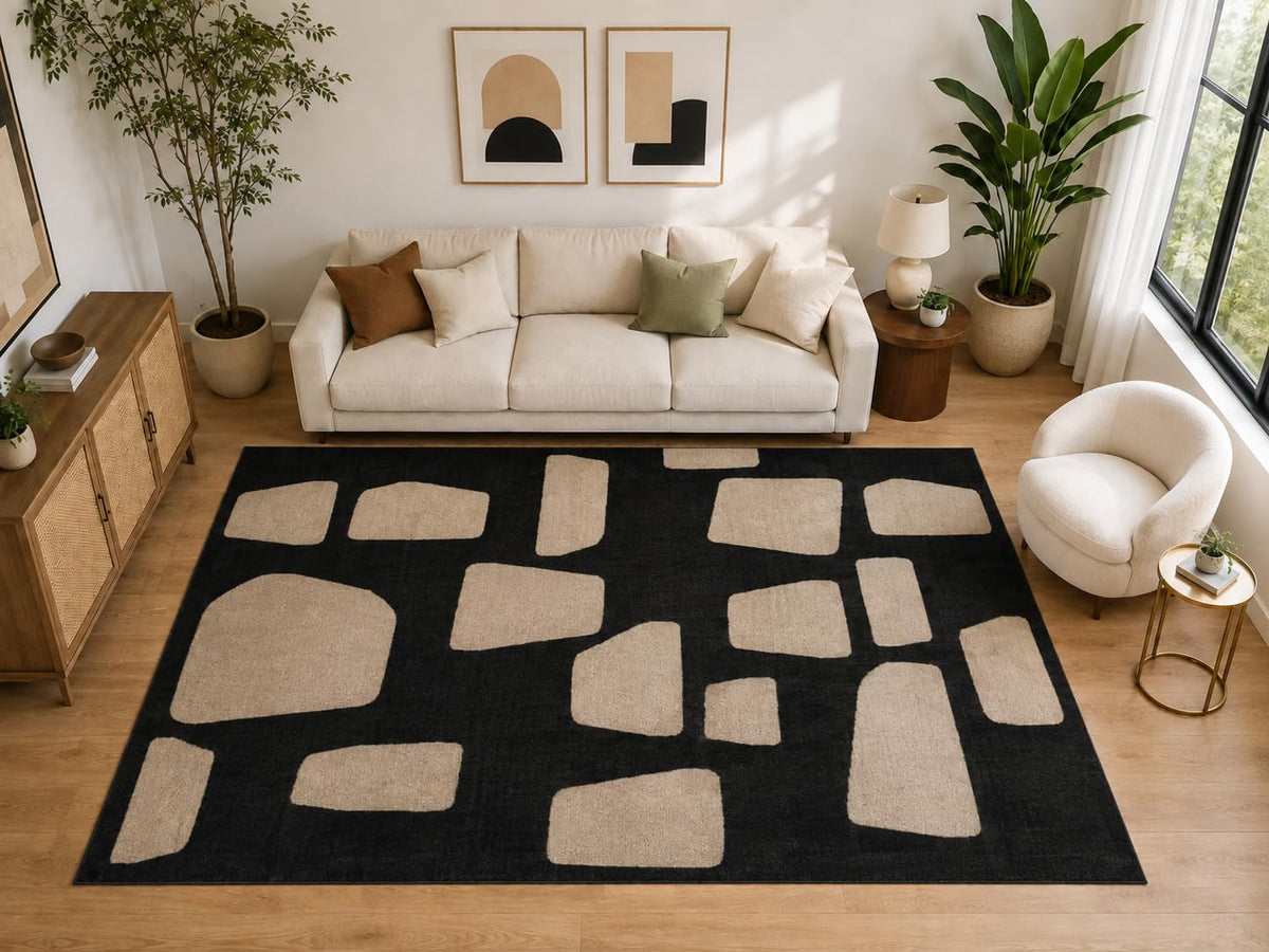 ICE ARMOR Large 6'7" x 9'10" Abstract Pebble Block Area Rug for for Bedroom, Living Room, Soft Low Pile Indoor Rug with Non-Slip Silicone Backing, Black Beige