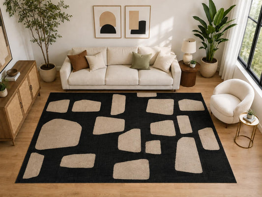 ICE ARMOR Large 6'7" x 9'10" Abstract Pebble Block Area Rug for for Bedroom, Living Room, Soft Low Pile Indoor Rug with Non-Slip Silicone Backing, Black Beige