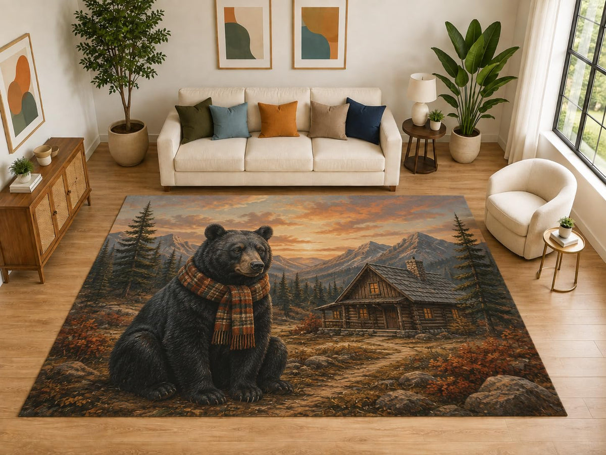 ICE ARMOR "Ultra Light Weight Large 6'7" x 9'10" Black Bear Mountain Cabin Rug, Soft Low Pile Indoor Rug, Non-Slip Silicone Backing for Bedroom Brown