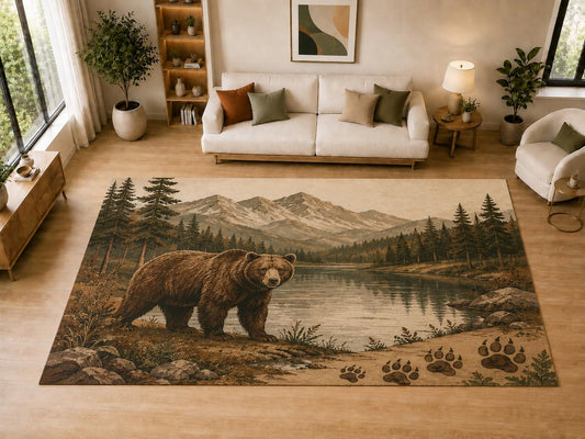 ICE ARMOR "Ultra Light Weight Large 6'7" x 9'10" Bear Lake Mountain Decor, Living Room, Bedroom, Dining Room, Office, Family Room, Soft Low Pile Indoor Rug, Non-Slip Silicone Backing, Brown