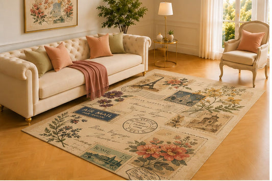 ICE ARMOR 5' x 7' Vintage Travel Rug, Postcards, Stamps, Eiffel Tower and Floral Accents, Nostalgic Floor Decor for Living Room, Bedroom, Office or Study