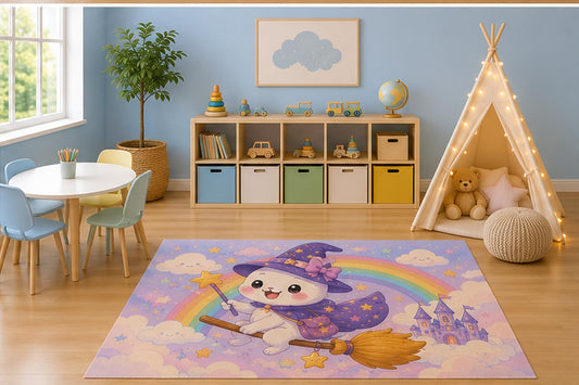 ICE ARMOR 5' x 7' Cute Ghost Wizard Kids Area Rug, Kawaii Flying Broom Rainbow Castle Magic Fantasy Playroom Nursery Bedroom Decor, Non-Slip Silicone Backing Low Pile