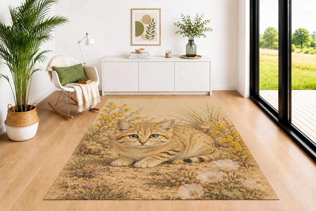 ICE ARMOR 5' x 7' Sand Cat Area Rug for Living Room, Soft Low Pile Indoor Rug with Non-Slip Silicone Backing, Decorative Carpet for Bedroom, Office, Kids & Pets, Beige