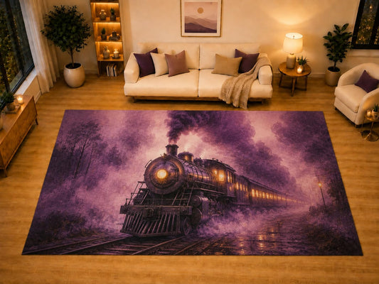 ICE ARMOR "Ultra Light Weight Large 6'7" x 9'10" Purple Steam Train Gothic Area Rug for Living Room Bedroom, Soft Low Pile Non-Slip Backing, Vintage Locomotive Dark Fantasy Decor