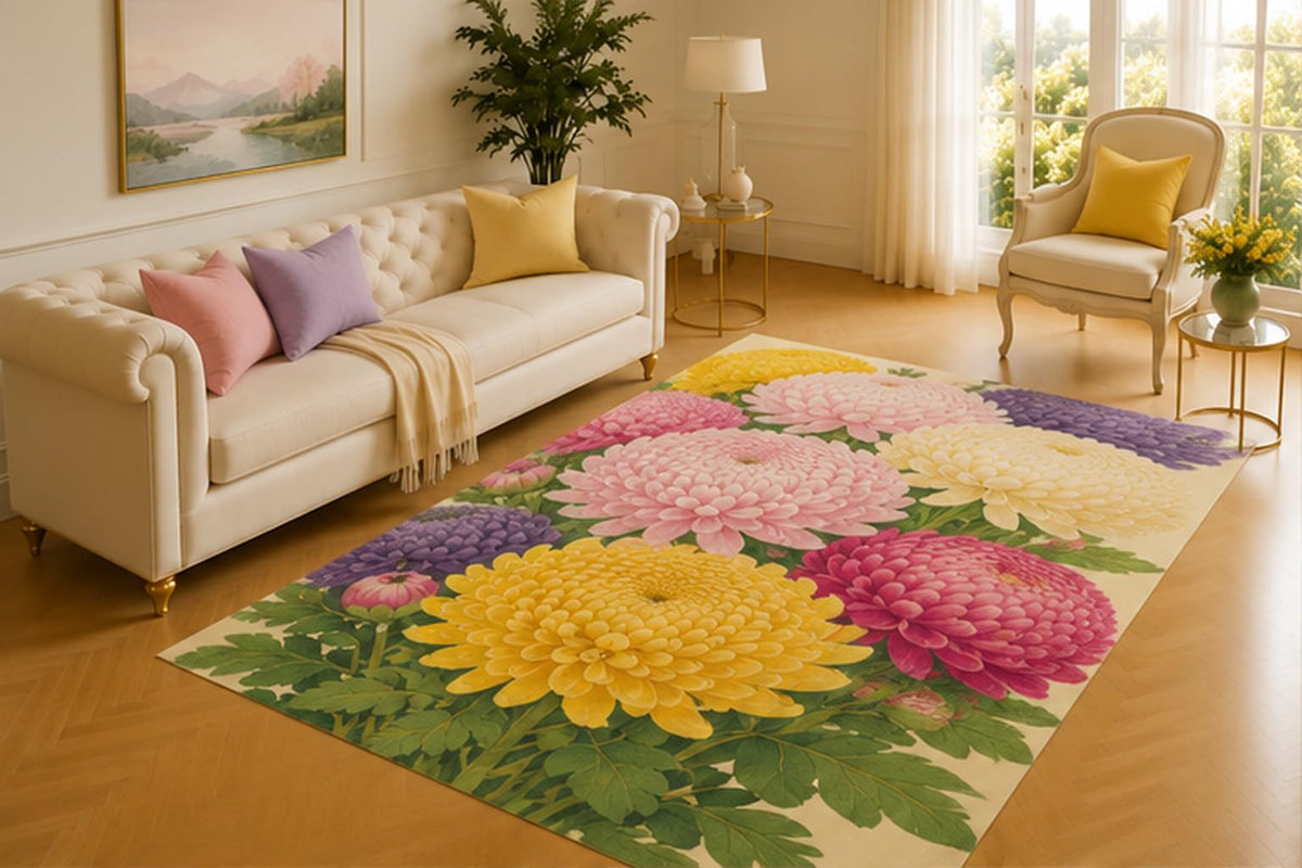 ICE ARMOR 5' x 7' Chrysanthemum Bouquet Rug, Oversized Pink, Yellow, Cream and Violet Petals with Verdant Foliage, Refined Accent for Bedroom, Parlor or Guest Suite