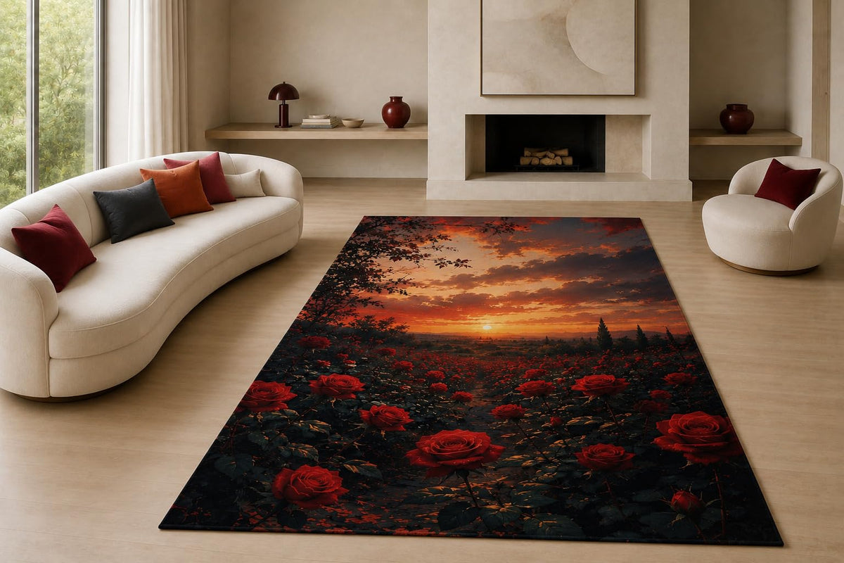 ICE ARMOR "Ultra Lightweight Large 6'7" x 9'10" Sunset Rose Field Area Rug for Living Room, Bedroom and Home Office, Soft Low Pile Carpet with Non-Slip Silicone Backing, Red and Black