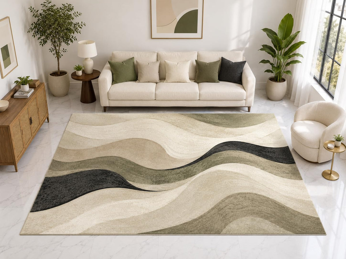 ICE ARMOR Large 6'7" x 9'10" Abstract Wave Area Rug, Soft Low Pile Indoor Rug with Non-Slip Silicone Backing for Living Room Bedroom Office, Gray