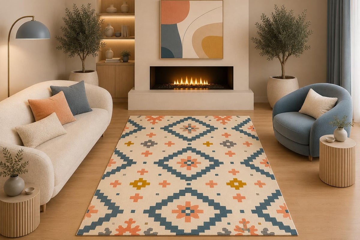 ICE ARMOR 5' x 7' Southwestern Geometric Area Rug Tribal Diamond Pattern Cream Blue Orange for Living Room Bedroom Dining Room Non-Slip Silicone Backing Low Pile