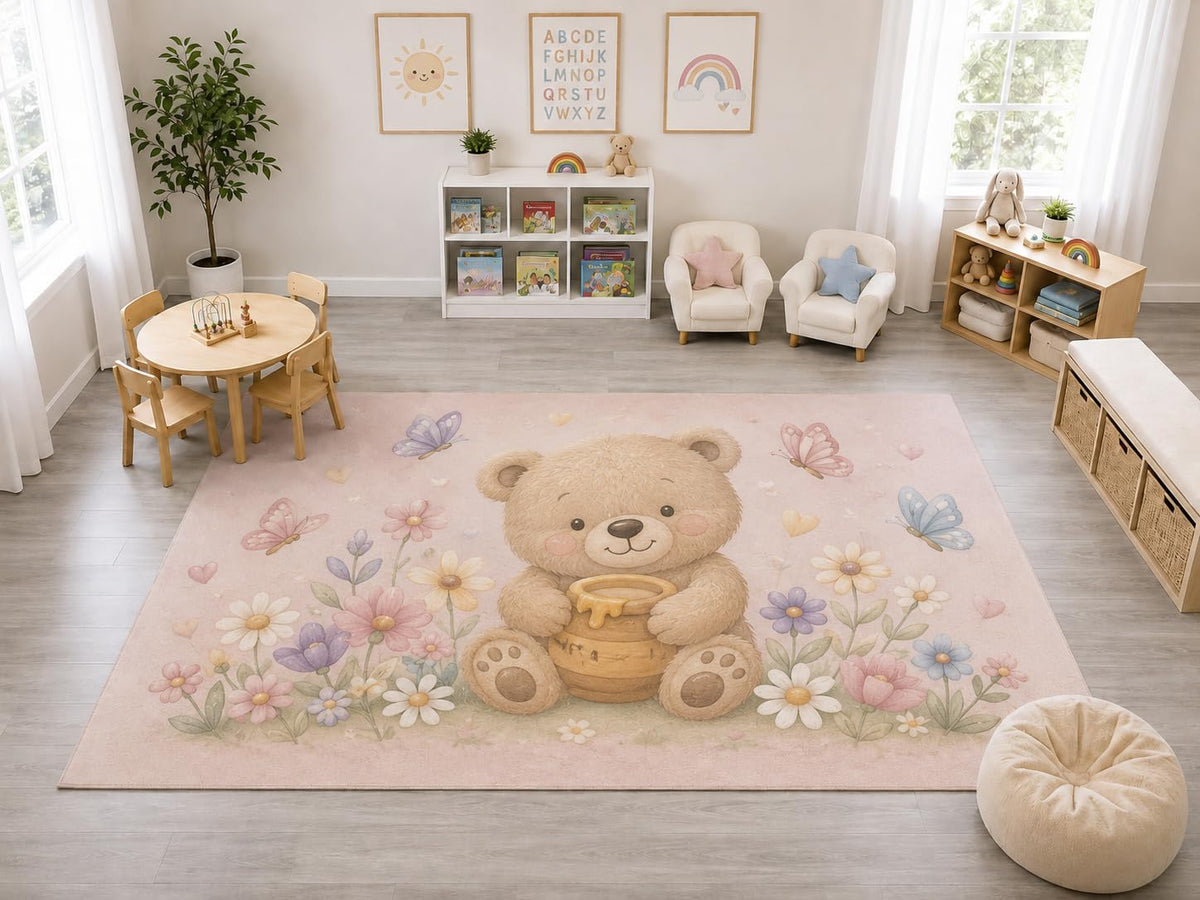 ICE ARMOR "Ultra Light Weight Large 6'7" x 9'10" Teddy Bear Butterfly Rug, Soft Low Pile Indoor Rug, Non-Slip Silicone Backing Nursery Kids Pets Pink