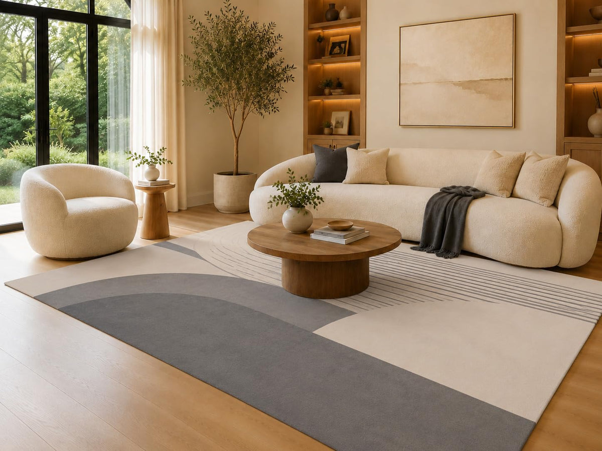 ICE ARMOR 6'7" x 9'10" Gray and Cream Arch Line Design Area Rug for Living Room, Soft Low Pile Carpet with Non-Slip Silicone Backing, Floor Decor for Bedroom, Dining Area and Home Office