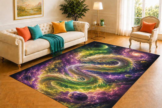 ICE ARMOR 5' x 7' Cosmic Dragon Rug, Celestial Serpent Floating Among Planets, Moons, Stars and Colorful Nebula Clouds, Soft Floor Cover for Bedroom, Game Room and Space Decor