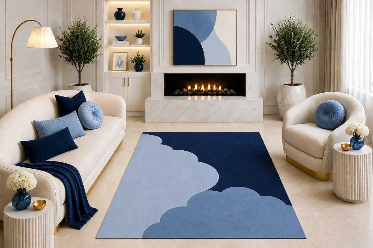 ICE ARMOR "Ultra Light Weight 5' x 7' Navy Light Blue Scallop Area Rug, Minimalist Abstract Cloud Design for Living Room Bedroom Dining Room Office, Non-Slip Silicone Backing Low Pile