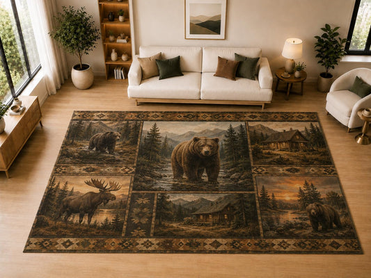 ICE ARMOR "Ultra Light Weight Large 6'7" x 9'10" Bear Cabin Moose Decor, Living Room, Bedroom, Dining Room, Office, Family Room, Soft Low Pile Indoor Rug, Non-Slip Silicone Backing, Brown