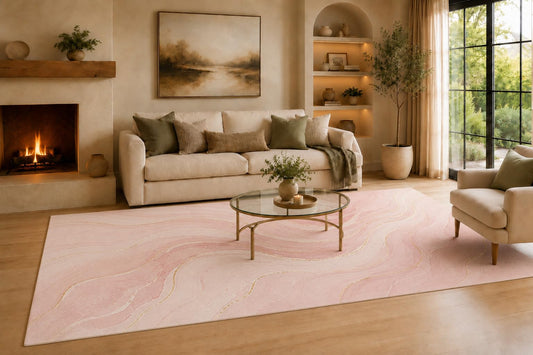ICE ARMOR Large 6'7" x 9'10" Blush Pink and Cream Flowing Stone Lines Area Rug for Living Room, Soft Low Pile Carpet with Non-Slip Backing for Bedroom, Dining Room and Office