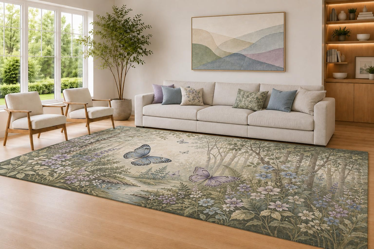 ICE ARMOR Large 6'7" x 9'10" Sage and Cream Butterfly Meadow Area Rug for Living Room, Soft Low Pile Carpet with Non-Slip Silicone Backing, Decor for Bedroom and Home Office