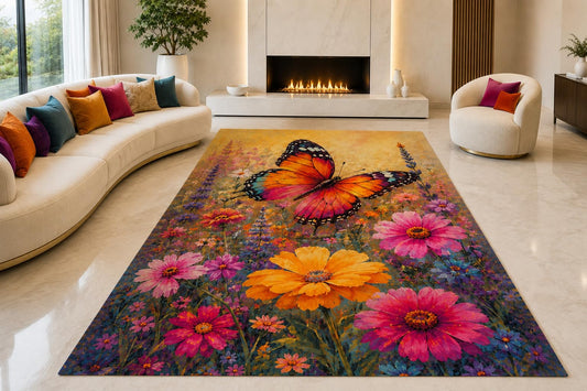 ICE ARMOR "Ultra Lightweight Large 6'7" x 9'10" Monarch Flower Garden Area Rug for Living Room, Bedroom and Home Office, Soft Low Pile Carpet with Non-Slip Silicone Backing, Orange and Pink