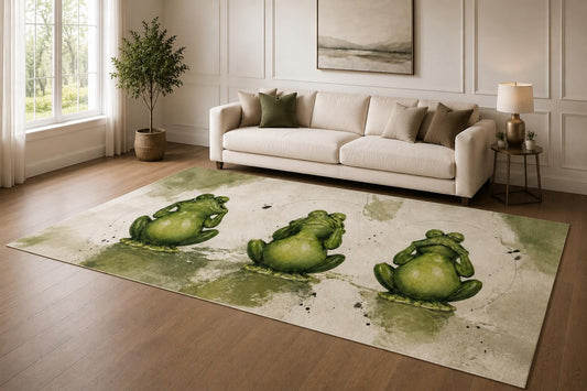 ICE ARMOR "Ultra Lightweight Large 6'7" x 9'10" Meditating Frog Trio Area Rug for Living Room, Bedroom and Home Office, Soft Low Pile Carpet with Non-Slip Silicone Backing, Green and Beige