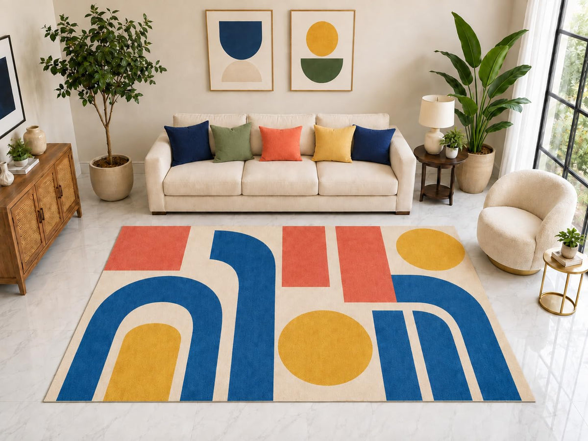 ICE ARMOR "Ultra Light Weight Large 6'7" x 9'10" Retro Arch Area Rug Carpet Soft Low Pile Indoor Rug and Non-Slip Silicone Backing for Playroom Blue