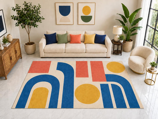 ICE ARMOR "Ultra Light Weight Large 6'7" x 9'10" Retro Arch Area Rug Carpet Soft Low Pile Indoor Rug and Non-Slip Silicone Backing for Playroom Blue