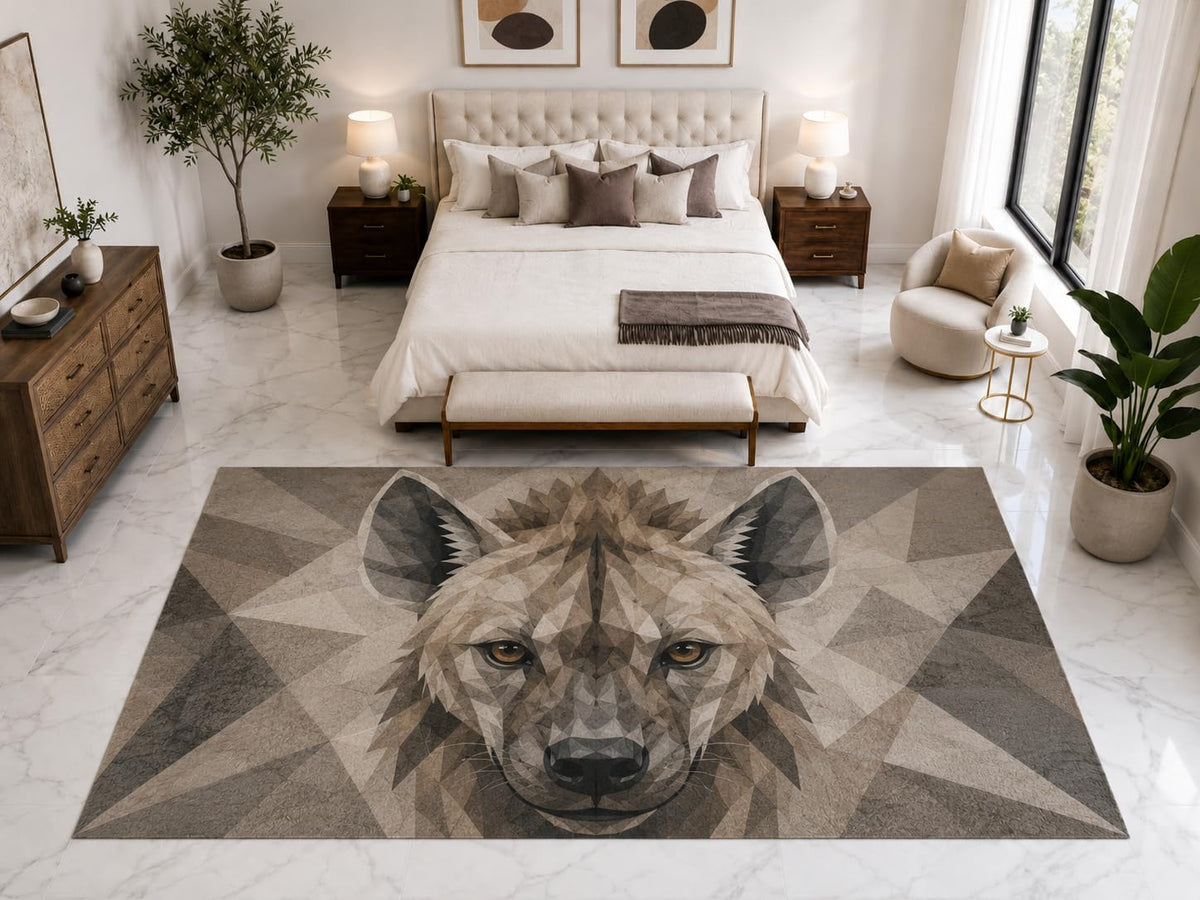 ICE ARMOR "Ultra Light Weight Large 6'7" x 9'10" Geometric Hyena Face Rug, Soft Low Pile Indoor Rug, Non-Slip Silicone Backing for Bedroom Beige Gray