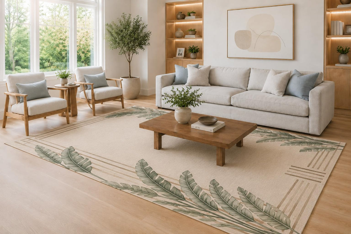 ICE ARMOR Large 6'7" x 9'10" Sage Green and Cream Banana Leaf Frame Area Rug for Living Room, Soft Low Pile Carpet with Non-Slip Silicone Backing, Decor for Bedroom, Dining Area and Home Office