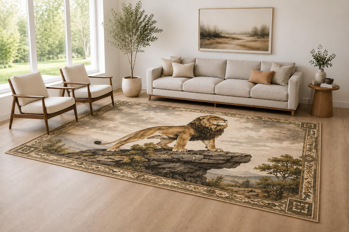 ICE ARMOR Large 6'7" x 9'10" Taupe and Brown Rock Lion Accent Area Rug for Living Room, Soft Low Pile Carpet with Non-Slip Silicone Backing, Decor for Bedroom and Home Office