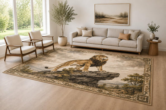 ICE ARMOR Large 6'7" x 9'10" Taupe and Brown Rock Lion Accent Area Rug for Living Room, Soft Low Pile Carpet with Non-Slip Silicone Backing, Decor for Bedroom and Home Office