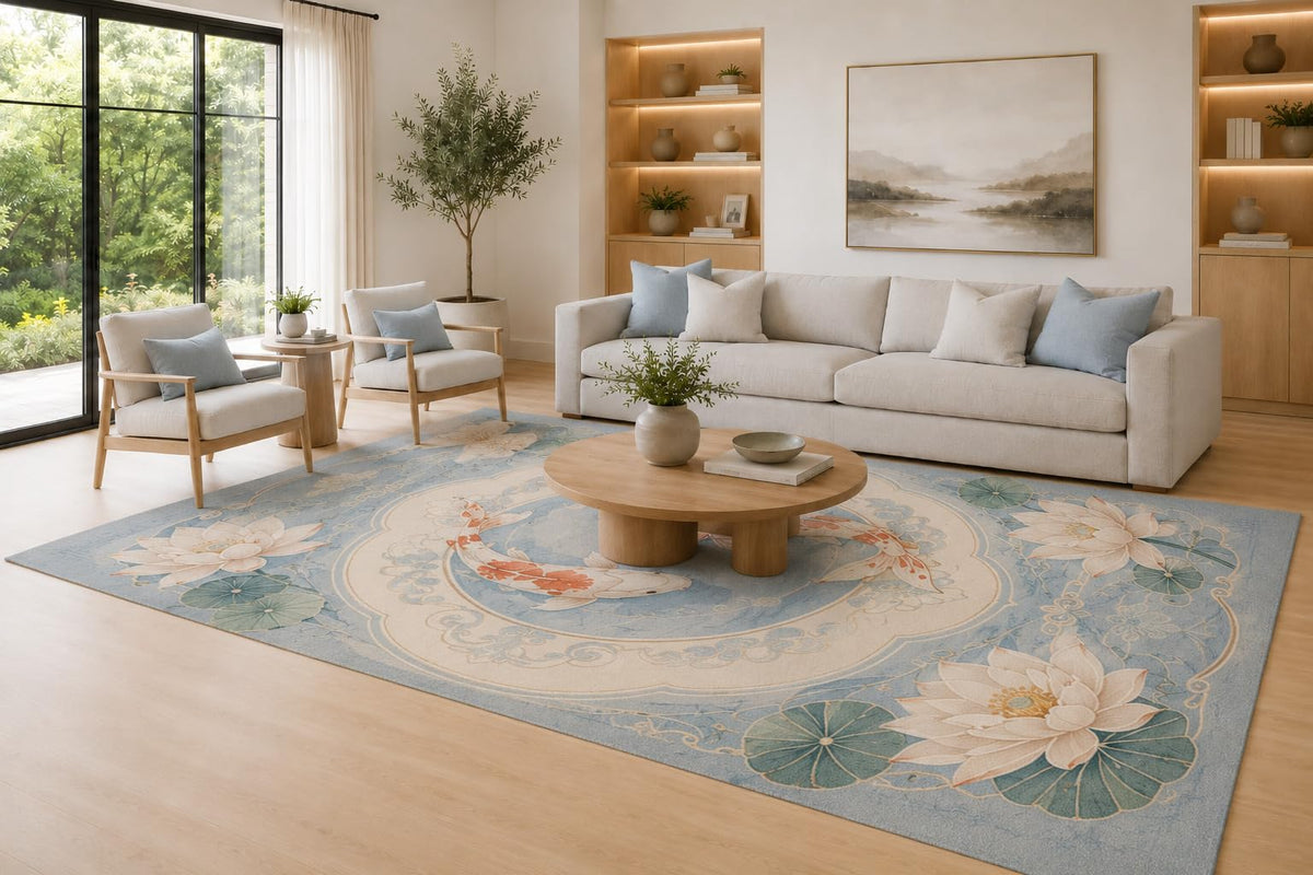 ICE ARMOR Large 6'7" x 9'10" Light Blue, Ivory and Sage Koi Lotus Medallion Area Rug for Living Room, Soft Low Pile Carpet with Non-Slip Silicone Backing, Decor for Bedroom and Dining Area