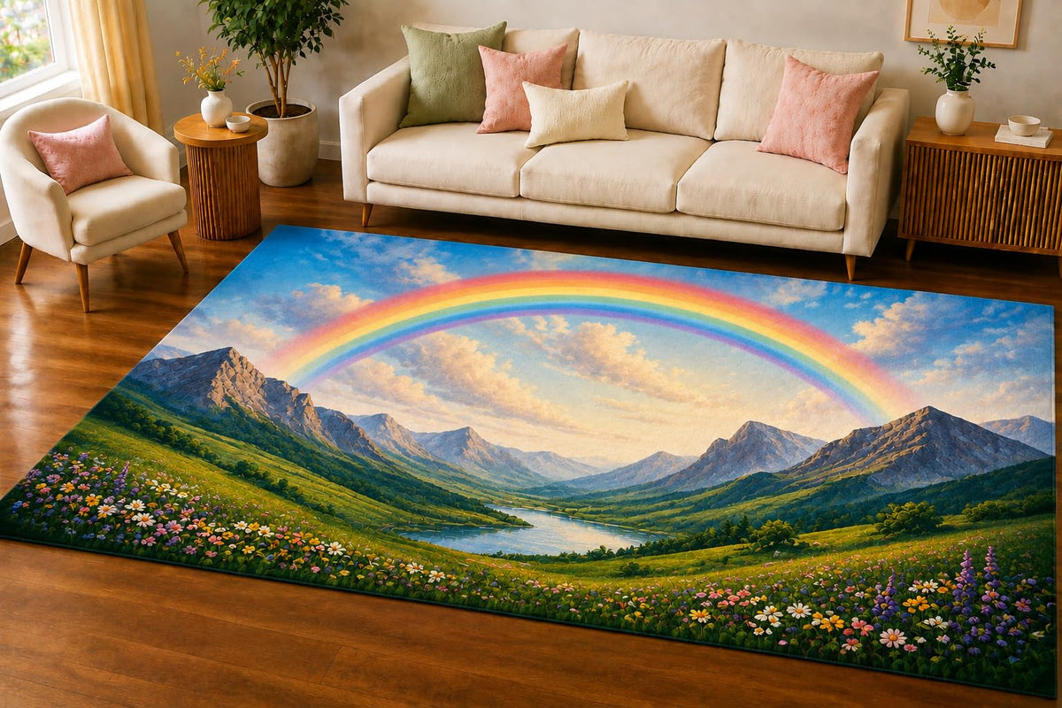 ICE ARMOR 5' x 7' Rainbow Mountain Valley Area Rug, Soft Low Pile Indoor Rug with Non-Slip Silicone Backing, Decorative Carpet for Living Room, Nursery, Kids Room, Family Room, Pastel Green