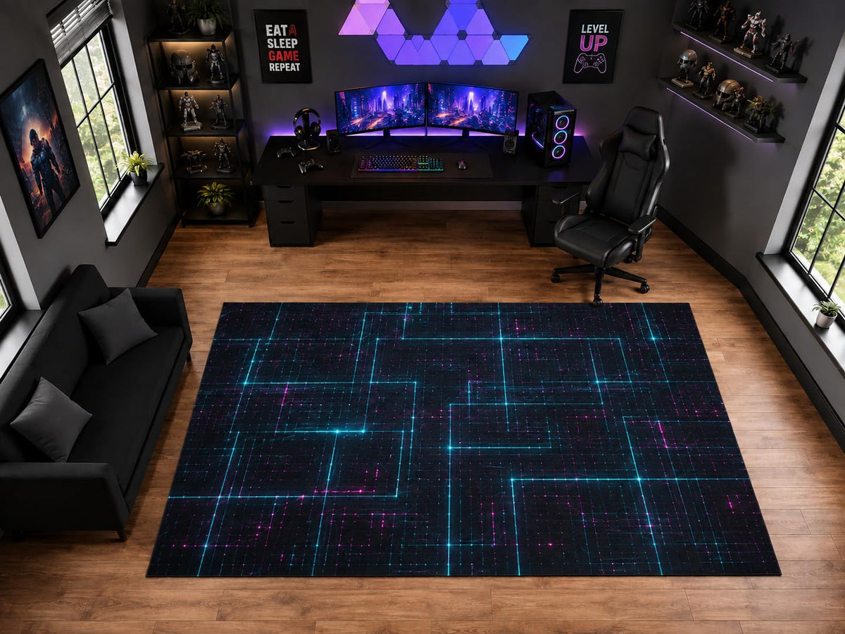ICE ARMOR "Ultra Light Weight Large 6'7" x 9'10" Neon Digital Circuit Grid Area Rug for Playroom Decor, Soft Low Pile Indoor Rug with Non-Slip Silicone Backing, Black Blue Pink