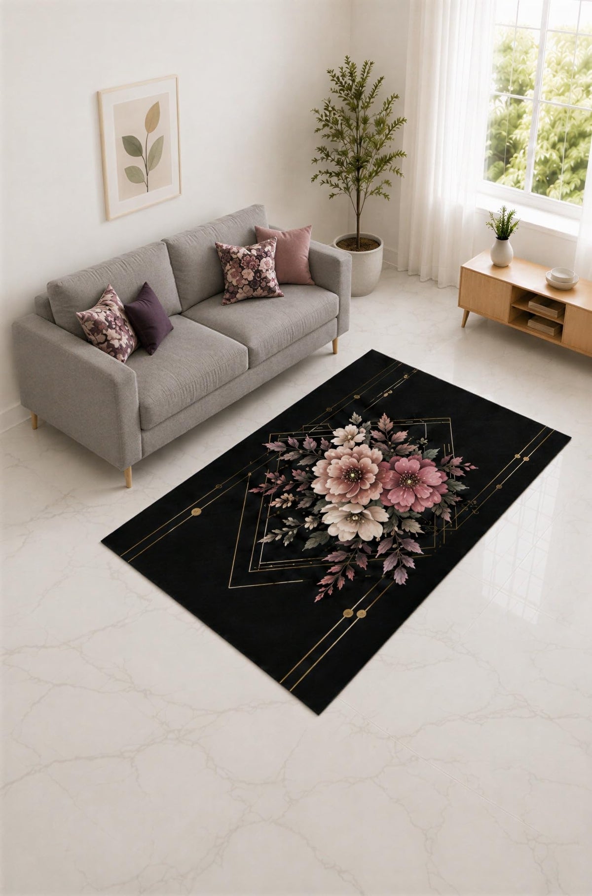 ICE ARMOR "Ultra Lightweight 5' x 7' Black and Rose Geometric Bouquet Area Rug for Living Room, Bedroom and Home Office, Soft Low Pile Carpet with Non-Slip Silicone Backing