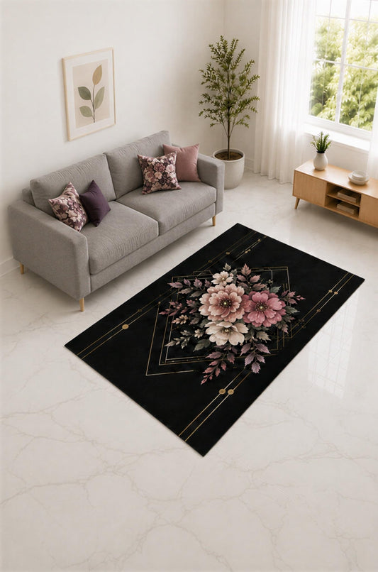 ICE ARMOR "Ultra Lightweight 5' x 7' Black and Rose Geometric Bouquet Area Rug for Living Room, Bedroom and Home Office, Soft Low Pile Carpet with Non-Slip Silicone Backing