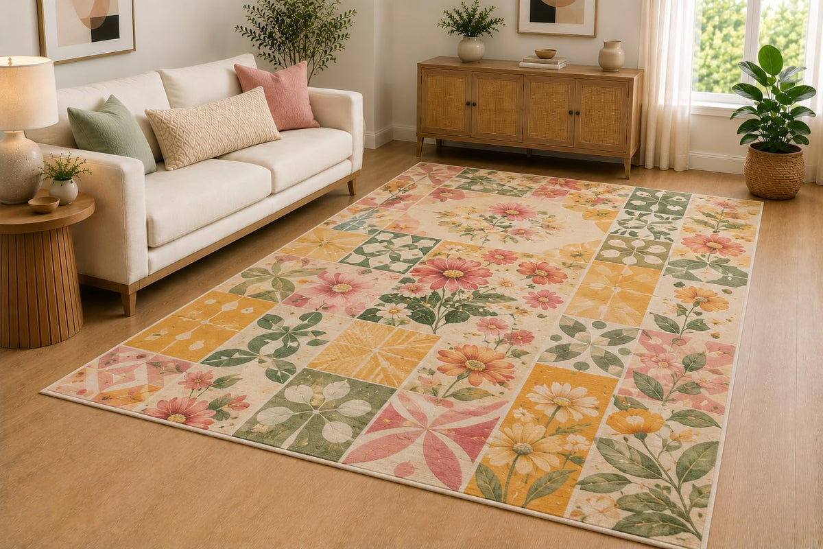 ICE ARMOR 5' x 7' Geometric Floral Patchwork Area Rug for Living Room, Soft Low Pile Indoor Rug with Non-Slip Silicone Backing, Bedroom, Playroom, Kids & Pets, Yellow Pink Green