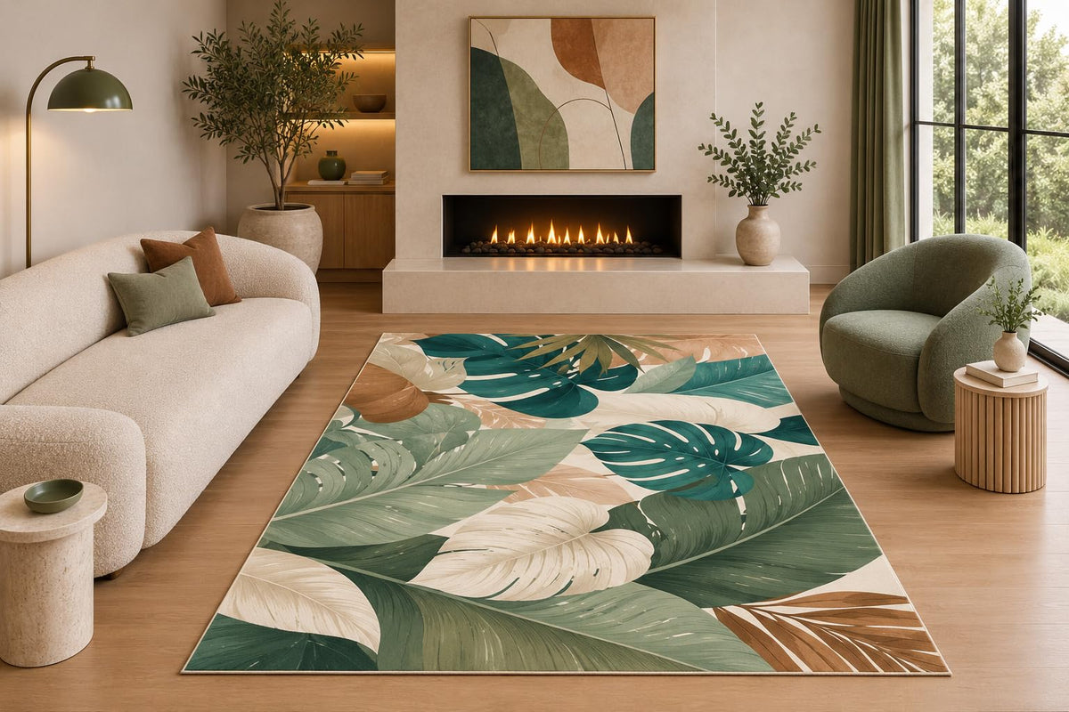 ICE ARMOR 5' x 7' Tropical Monstera Leaf Area Rug Botanical Jungle Palm Green Neutral Living Room Bedroom Dining Room Decor Non-Slip Silicone Backing Low Pile