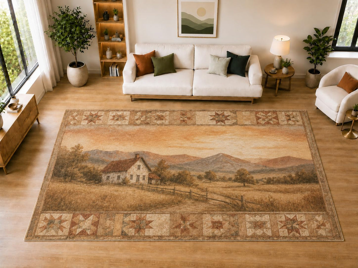 ICE ARMOR "Ultra Light Weight Large 6'7" x 9'10" Country Homestead Quilt Area Rug for Dining, Living Room, Bedroom, Soft Low Pile Indoor Rug with Non-Slip Silicone Backing, Tan Rust