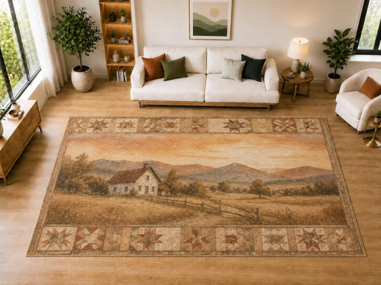 ICE ARMOR "Ultra Light Weight Large 6'7" x 9'10" Country Homestead Quilt Area Rug for Dining, Living Room, Bedroom, Soft Low Pile Indoor Rug with Non-Slip Silicone Backing, Tan Rust