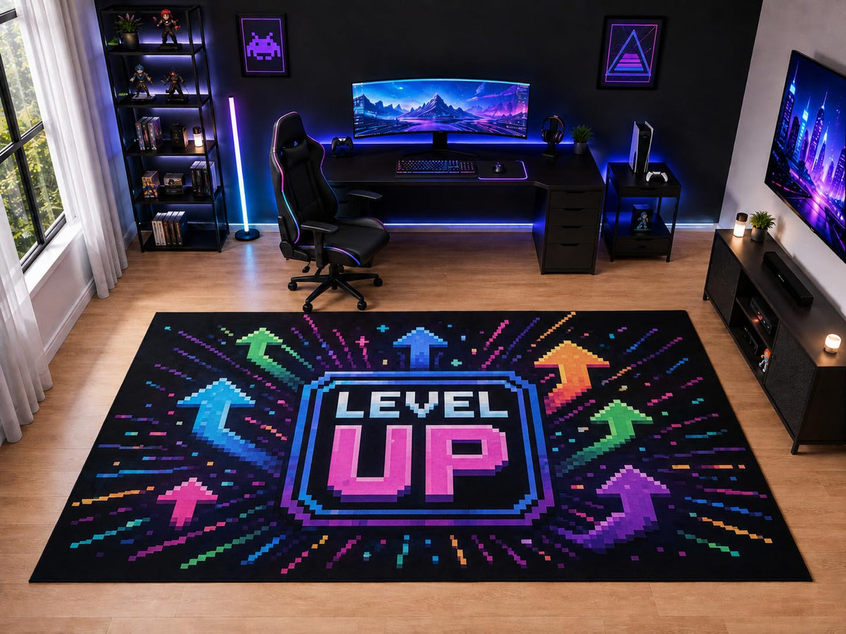ICE ARMOR "Ultra Light Weight Large 6'7" x 9'10" Pixel Level Up Gaming Area Rug for Kids Room Playroom, Soft Low Pile Indoor Rug and Non-Slip Silicone Backing, Black