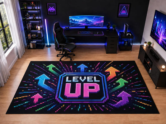 ICE ARMOR "Ultra Light Weight Large 6'7" x 9'10" Pixel Level Up Gaming Area Rug for Kids Room Playroom, Soft Low Pile Indoor Rug and Non-Slip Silicone Backing, Black