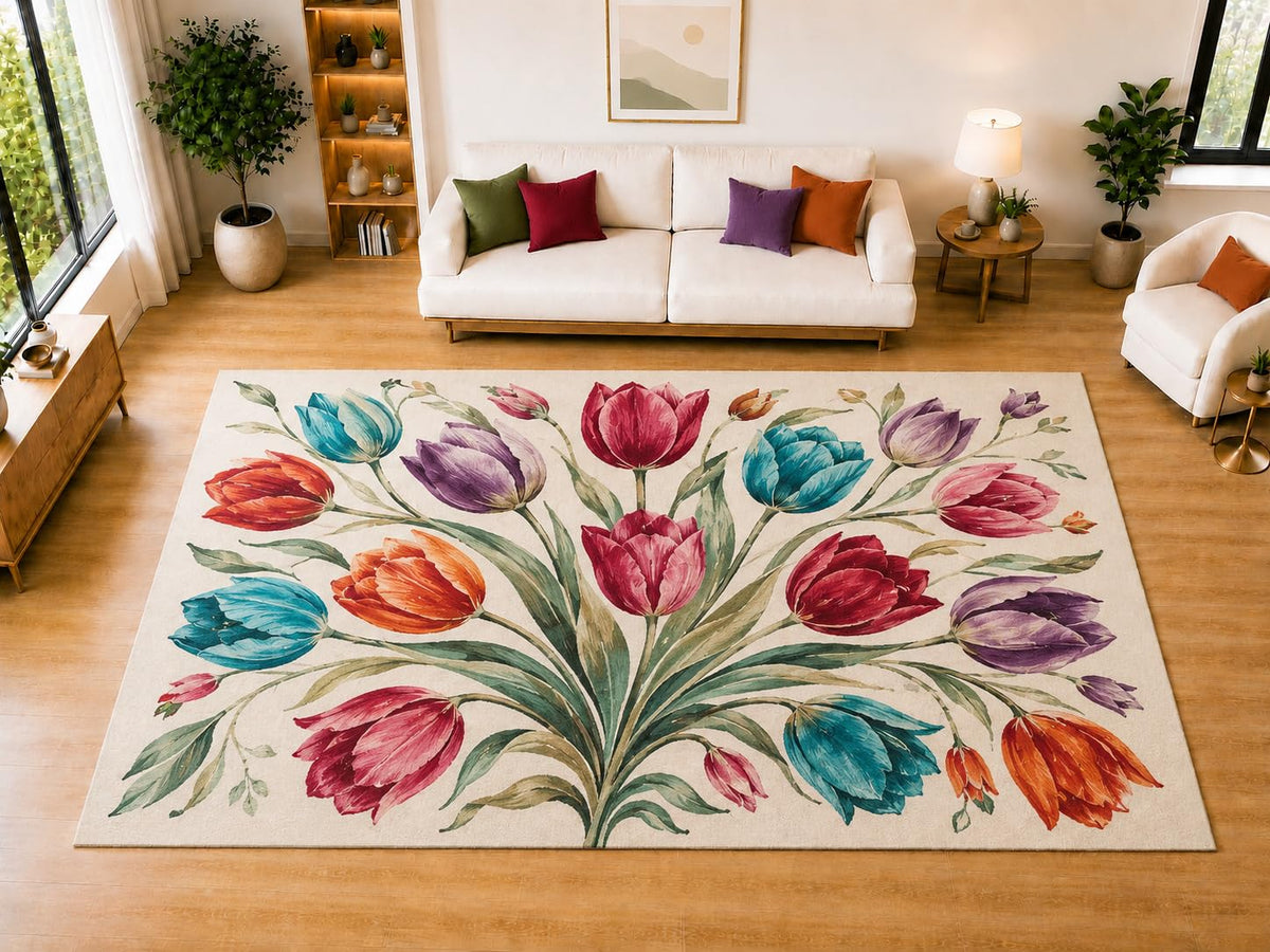 ICE ARMOR "Ultra Light Weight Large 6'7" x 9'10" Tulip Bouquet Area Rug for Living Room Bedroom Dining Room, Soft Low Pile Non-Slip Backing, Teal Red Orange Purple Floral Decor
